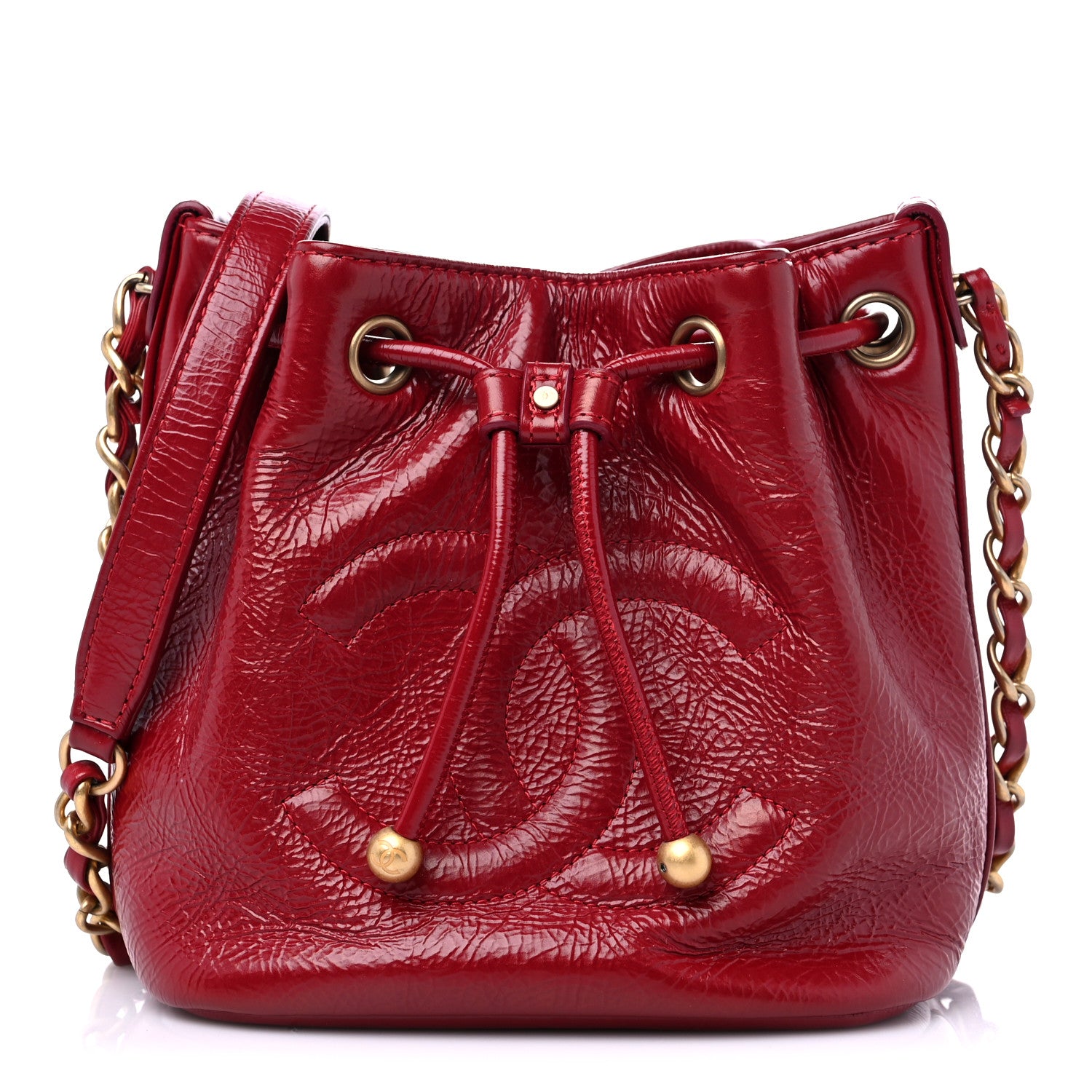 Chanel Shiny Aged Calfskin CC Chain Mini Drawstring Bag Red 1 of 10