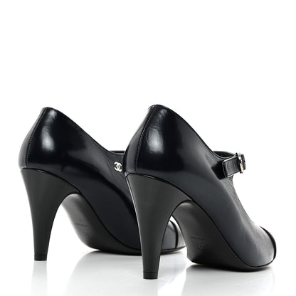 Chanel Shiny Goatskin Cap Toe Mary Jane Pumps 37 Navy Blue Dark Gray 4 of 9