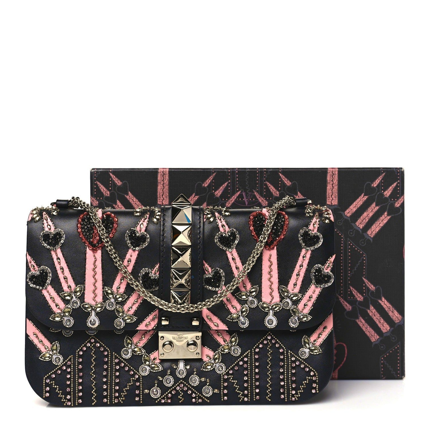 Valentino Garavani Vitello Crystal Loveblade Embellished Medium Glam Lock Rockstud Flap Black 12 of 12