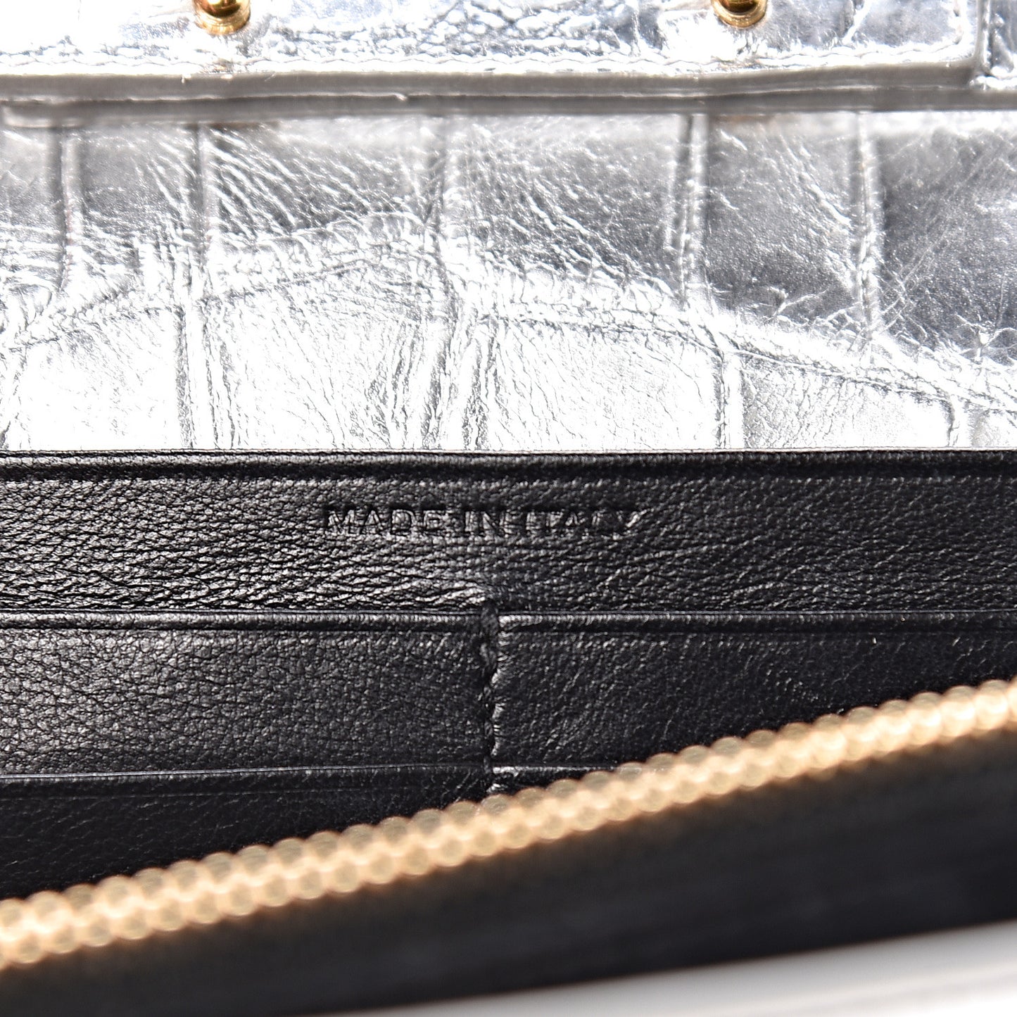Calfskin Crocodile Embossed Monogram Chain Wallet Argento