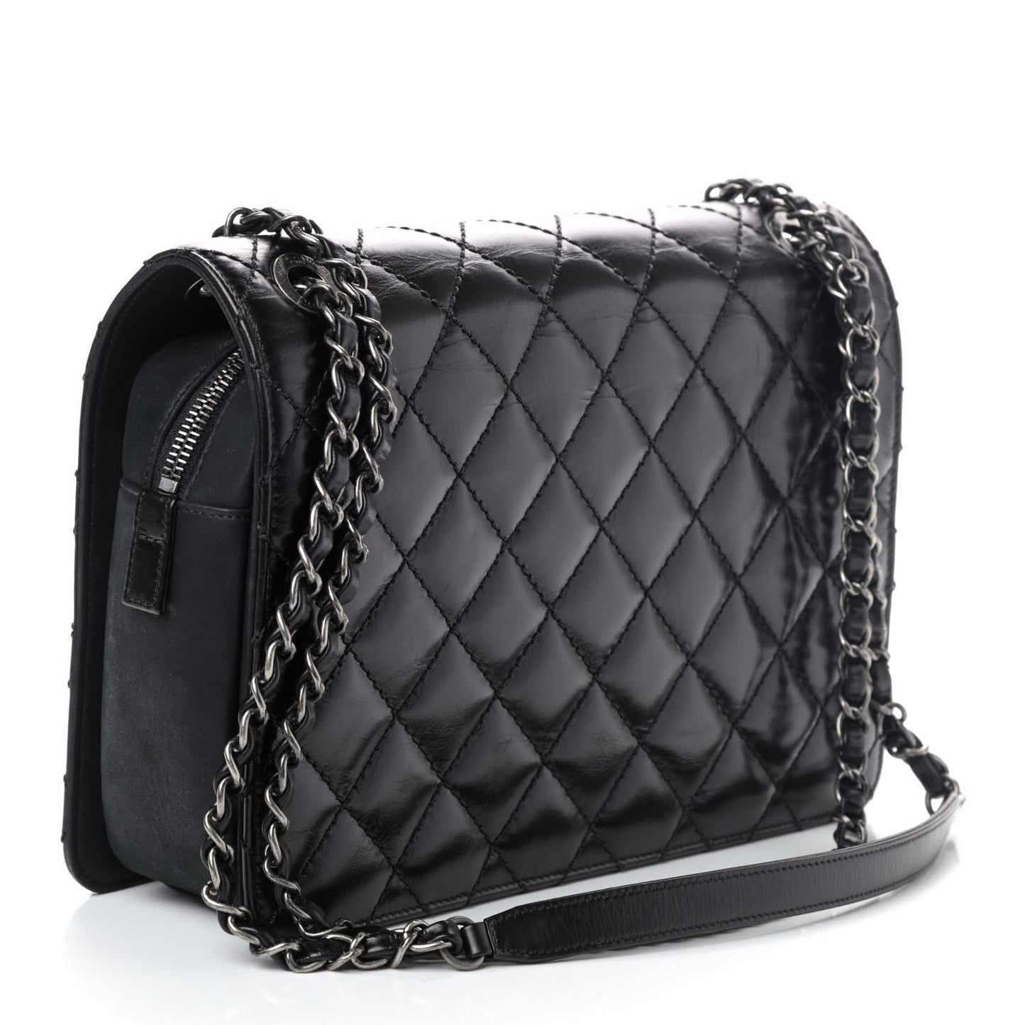 Glazed Calfskin Quilted Medium Day Trip Flap Black