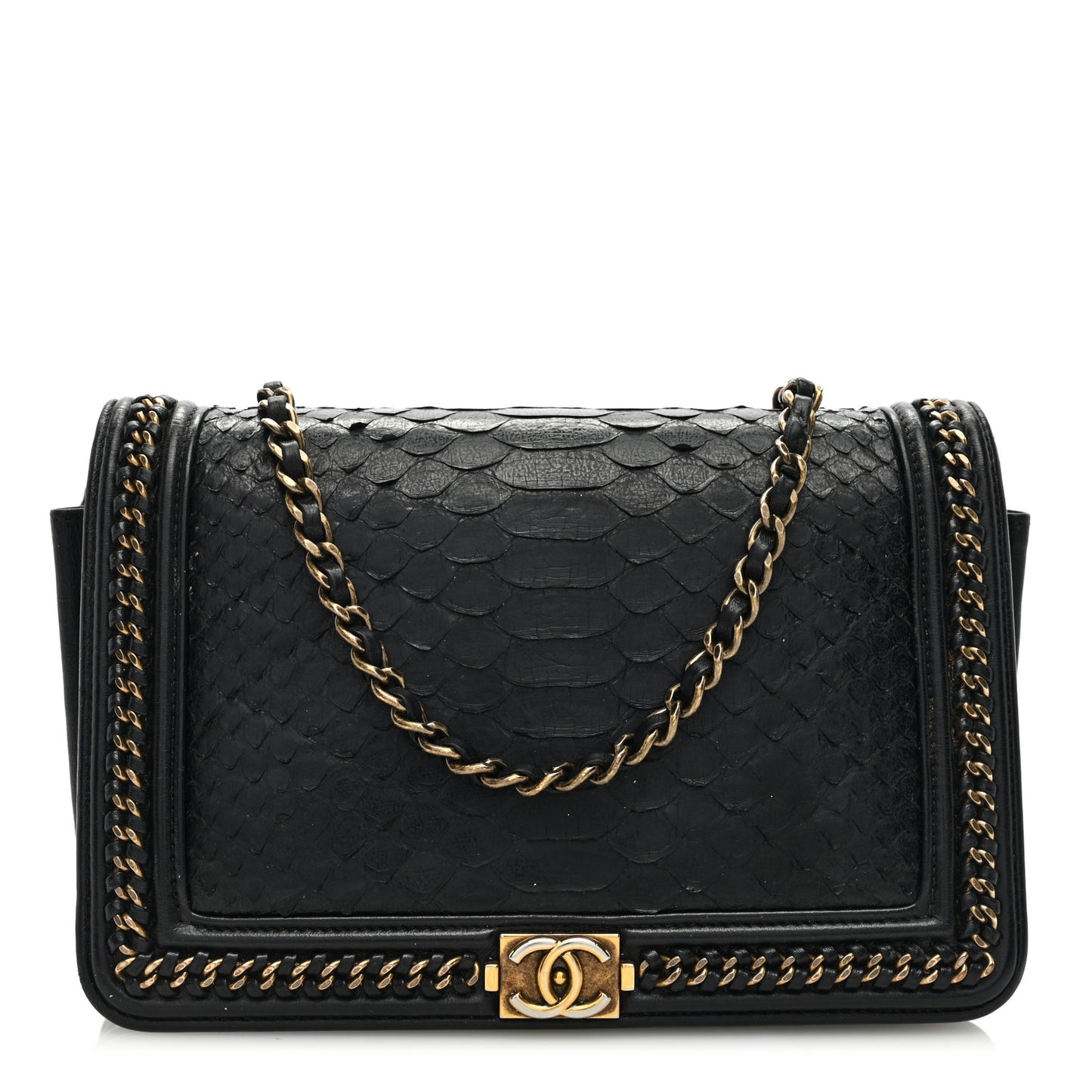 Snakeskin Calfskin Chain Around Boy Wallet On Chain WOC Black