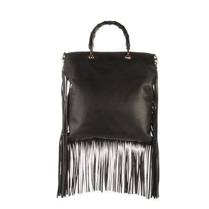 Gucci Textured Calfskin Bamboo Fringe Small Shopper Tote Black 1 of 8
