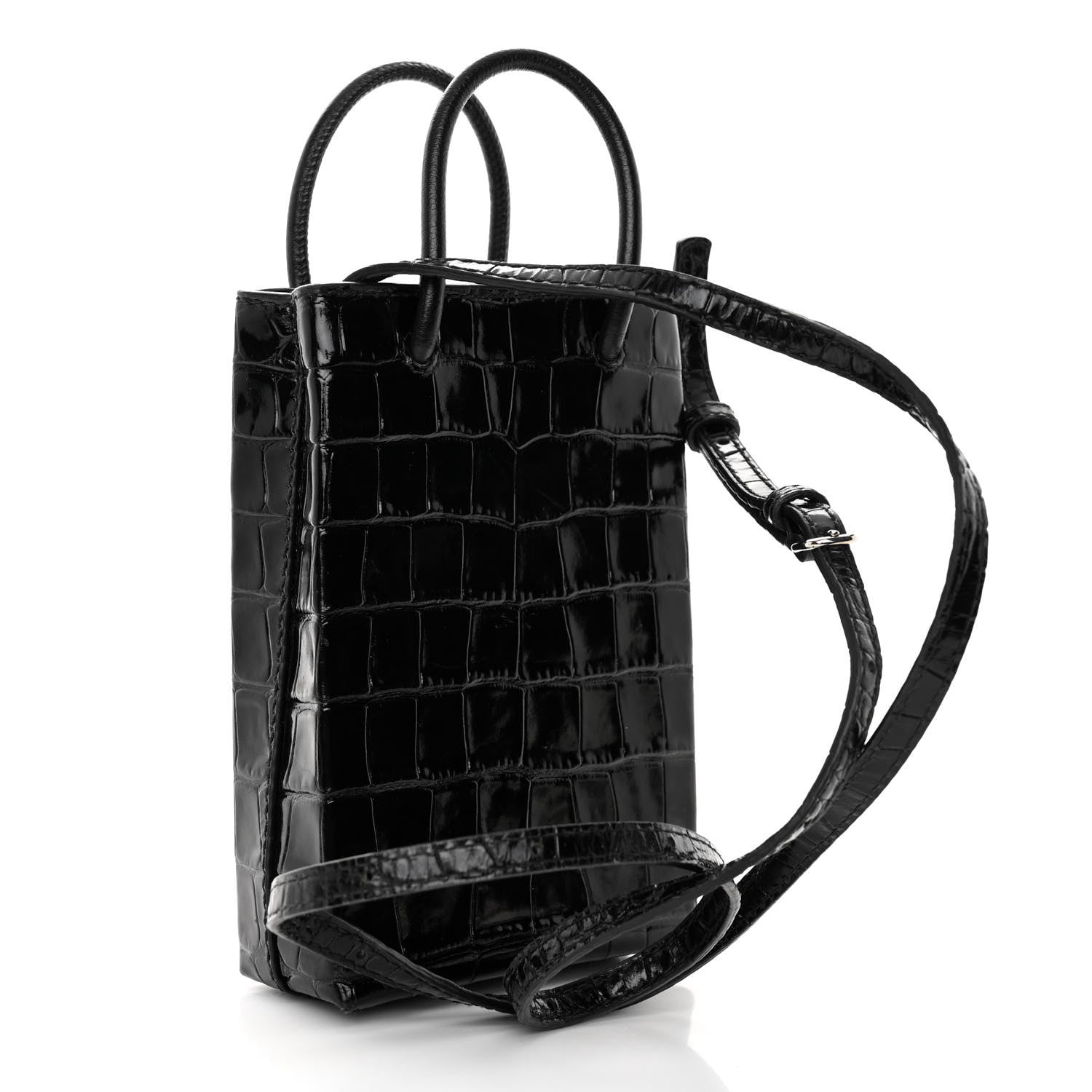 Balenciaga Calfskin Crocodile Embossed Logo Shopping Phone Holder Bag Black 3 of 9