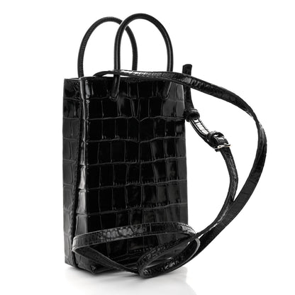 Balenciaga Calfskin Crocodile Embossed Logo Shopping Phone Holder Bag Black 3 of 9