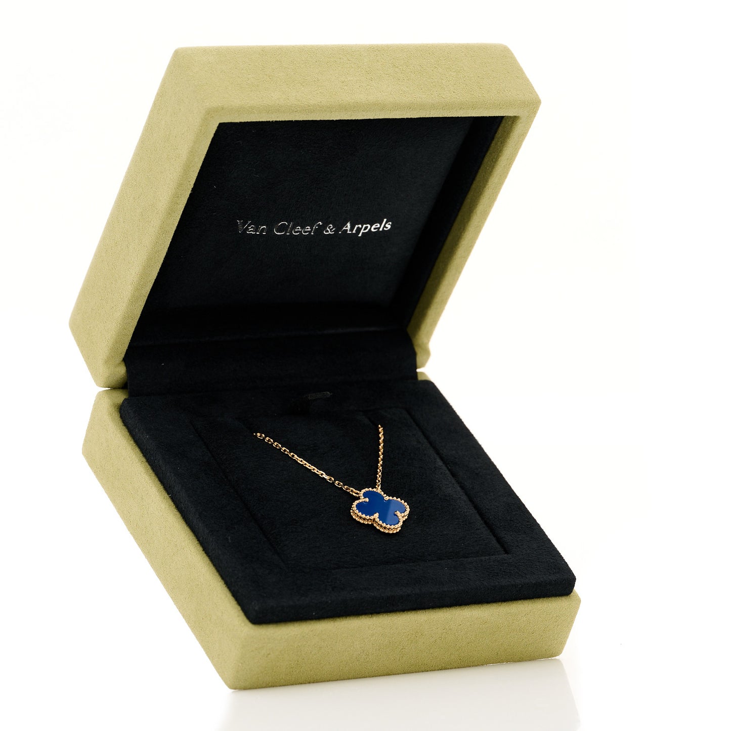 18K Yellow Gold Blue Agate Vintage Alhambra Pendant Necklace