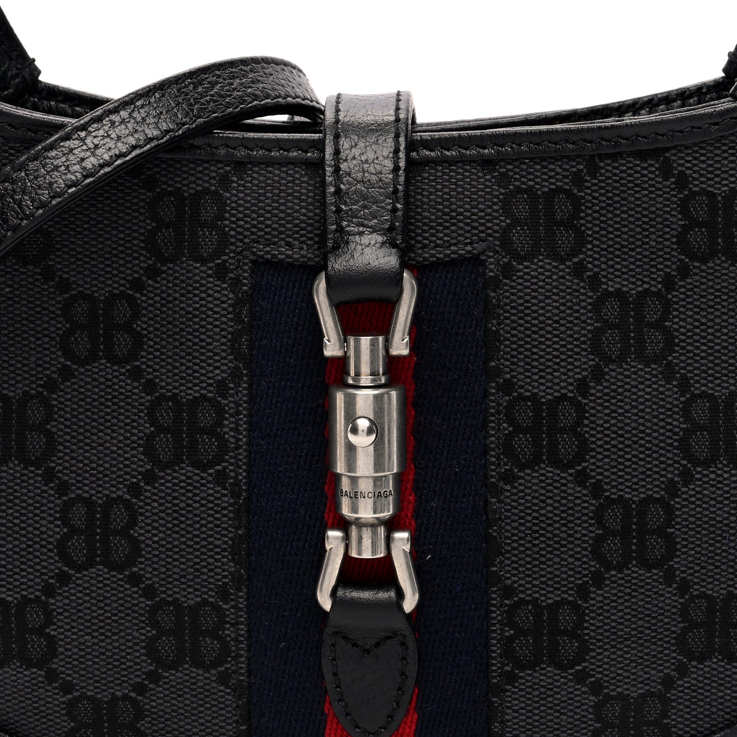 Gucci X BALENCIAGA BB Monogram Calfskin Web Mini Jackie 1961 Hobo Black 7 of 9