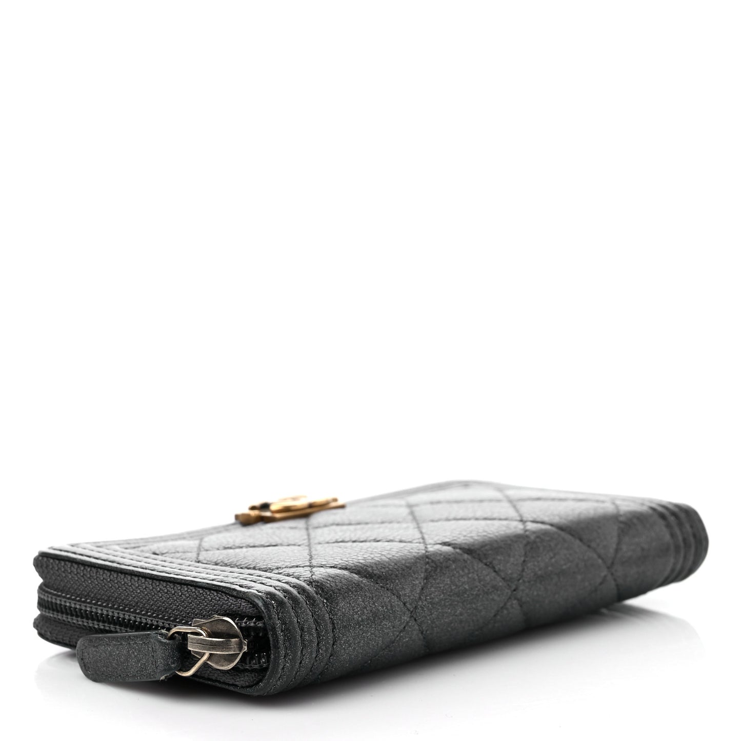 Metallic Calfskin Quilted Small Boy Zip Around Wallet Charcoal
