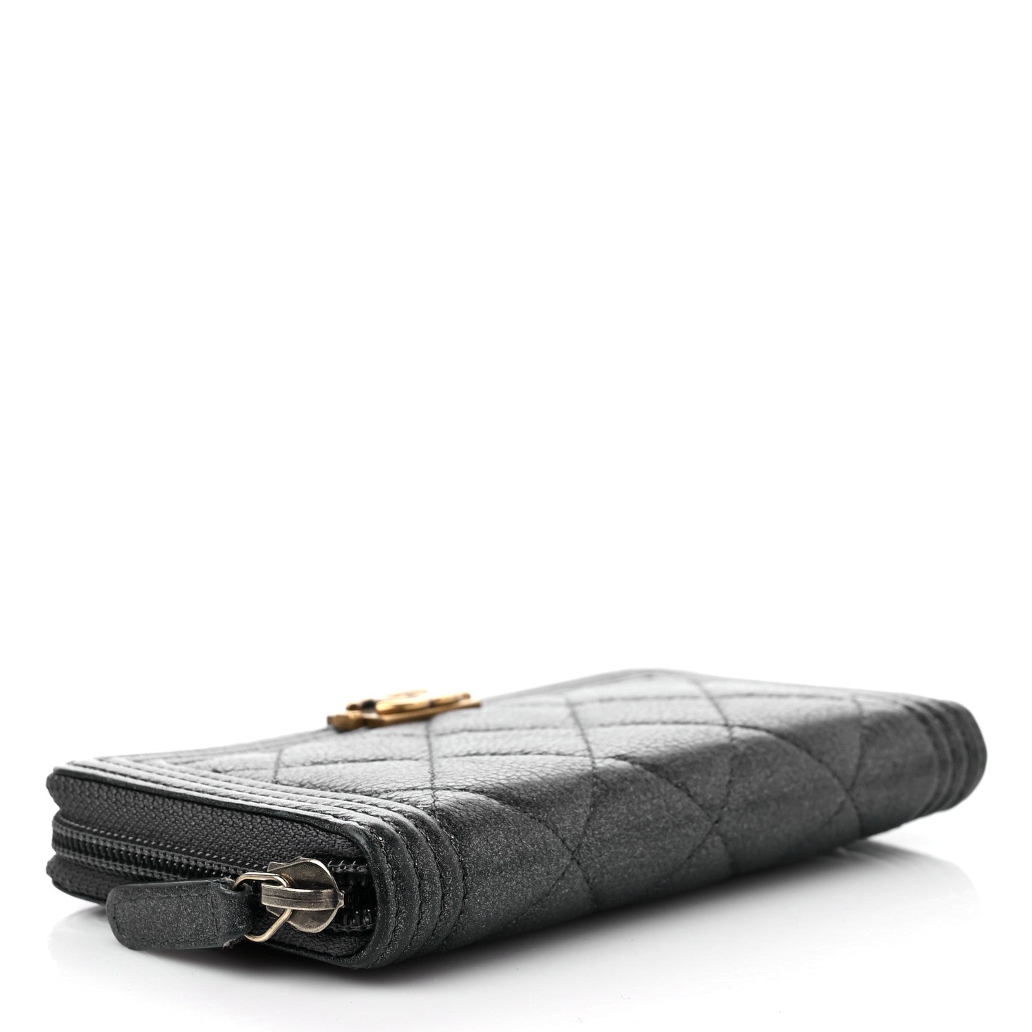 Chanel Metallic Calfskin Quilted Small Boy Zip Around Wallet Charcoal 4 of 11