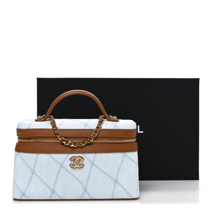 Chanel Washed Denim Calfskin Quilted Top Handle Slim Vanity Case With Chain Blue Brown 10 of 10