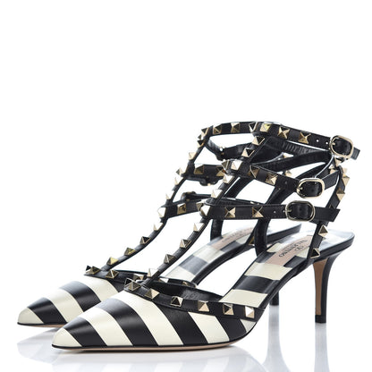 Valentino Garavani Calfskin Striped Rockstud Ankle Strap 65mm Pumps 38 Light Ivory Black 3 of 9