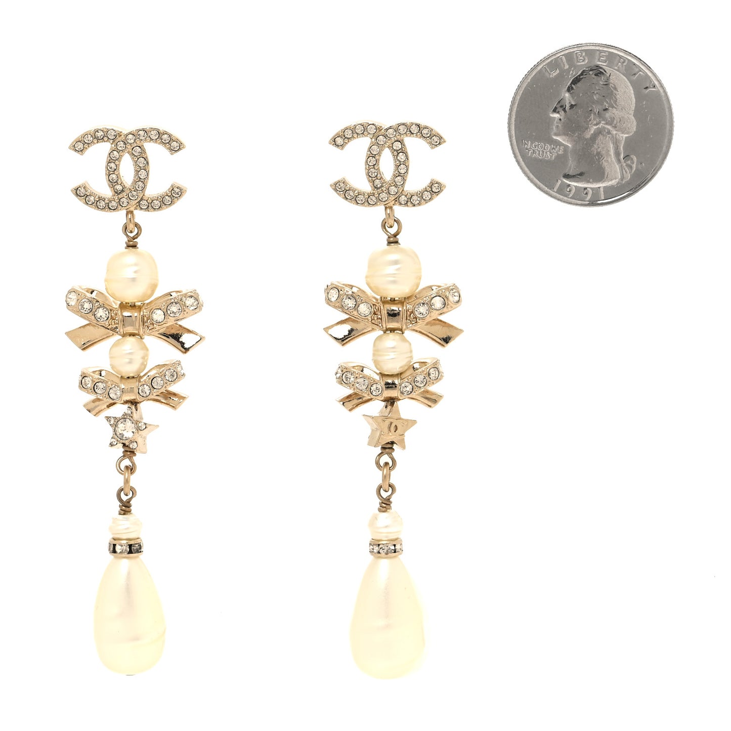 Crystal Pearl CC Star Bow Drop Earrings Gold