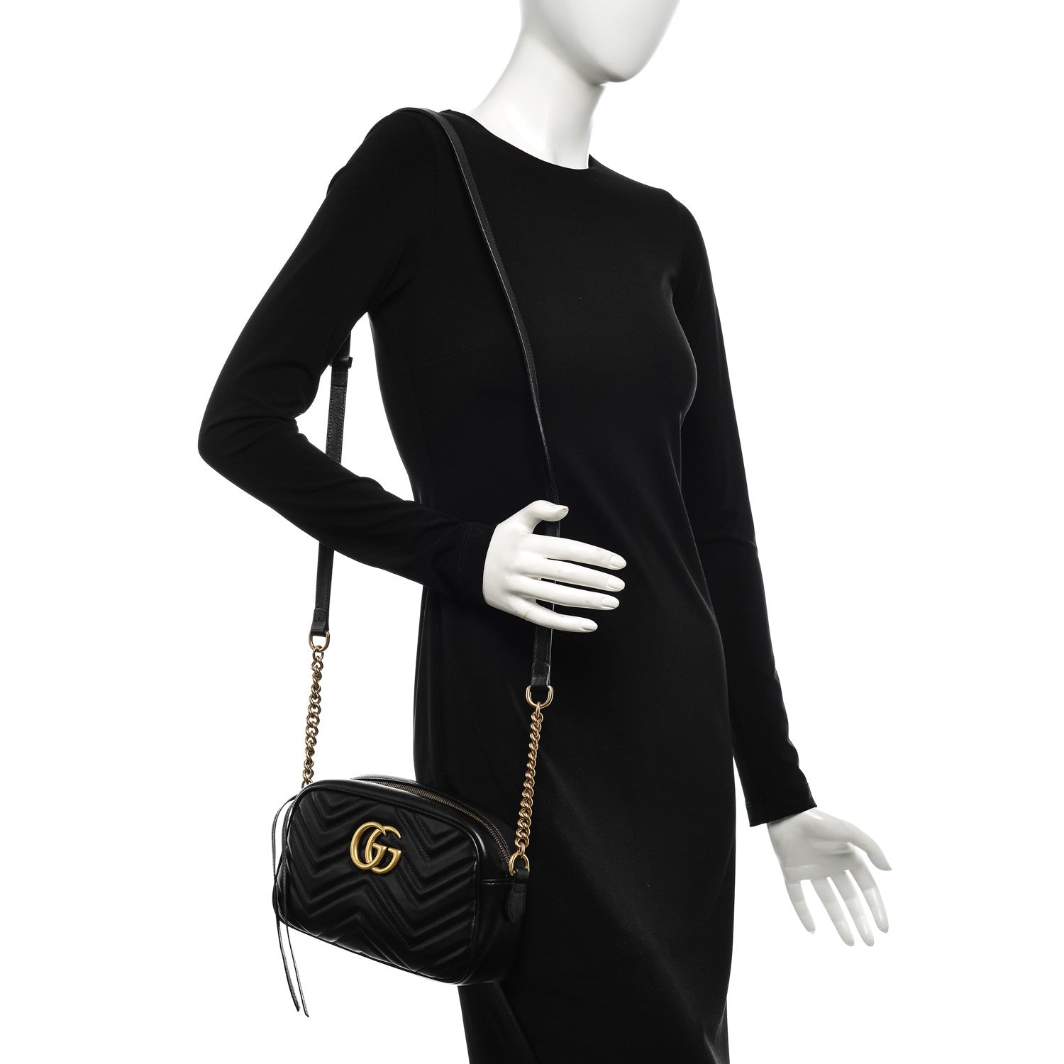 Gucci Calfskin Matelasse Small GG Marmont Chain Shoulder Bag Black 2 of 7