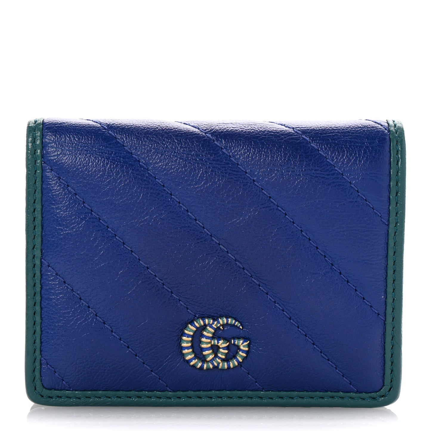 Azalea Calfskin Enamel Matelasse Diagonal Torchon GG Marmont Card Case Imperial Blue Pavone