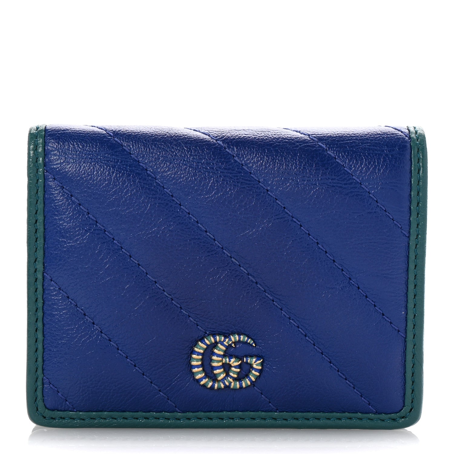 Gucci Azalea Calfskin Enamel Matelasse Diagonal Torchon GG Marmont Card Case Imperial Blue Pavone 1 of 9