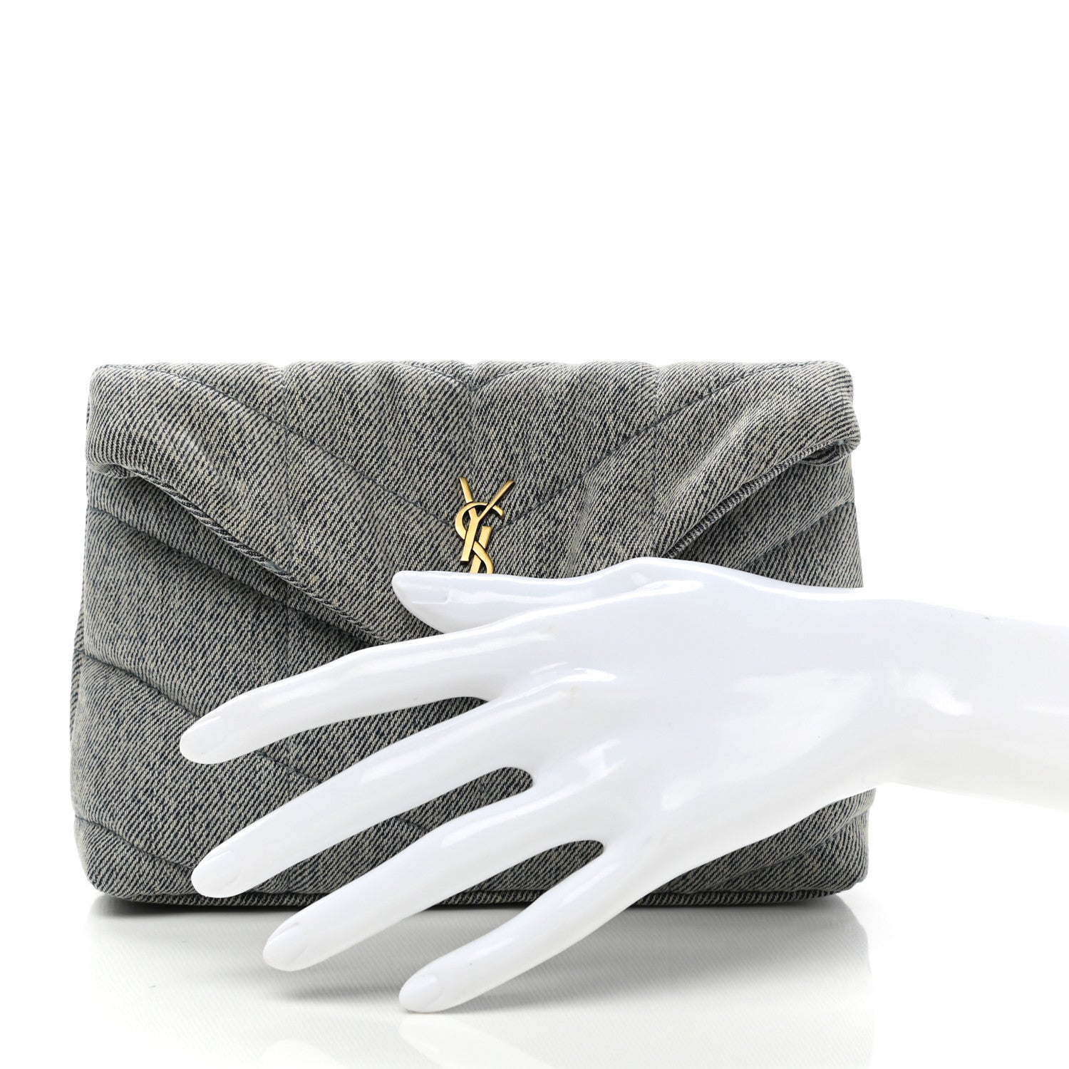 Saint Laurent Denim Quilted Monogram Loulou Puffer Pouch Clutch Blue Gray Light Azur 2 of 11