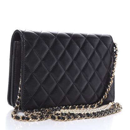 Chanel Lambskin Quilted Pearl Wallet On Chain WOC Black 3 of 14