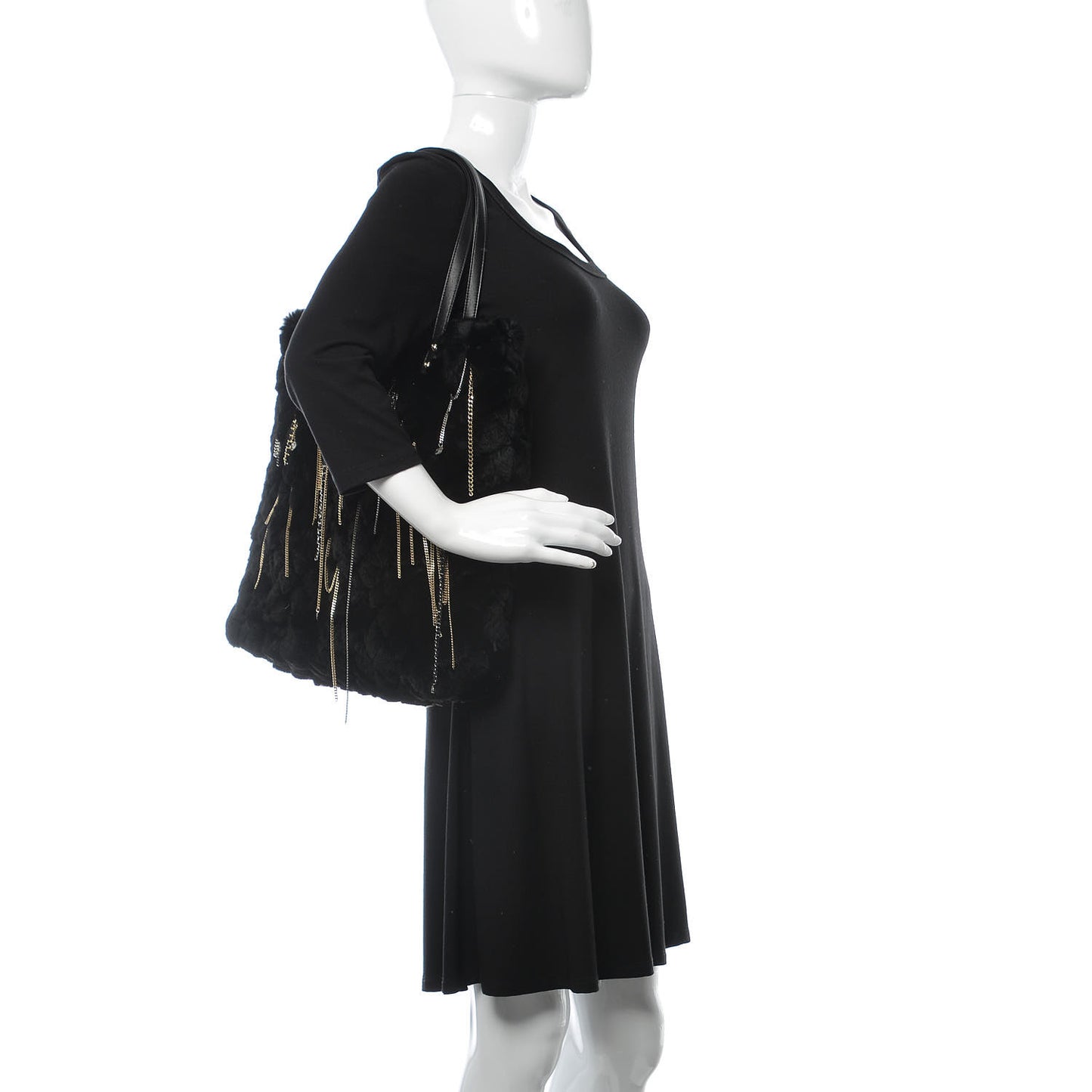 Rabbit Fur Quilted Embellished Shopping Tote Black