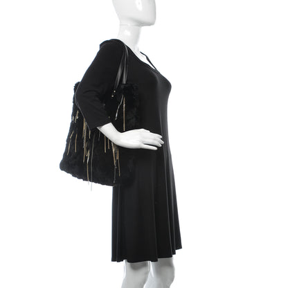 Chanel Rabbit Fur Quilted Embellished Shopping Tote Black 2 of 11
