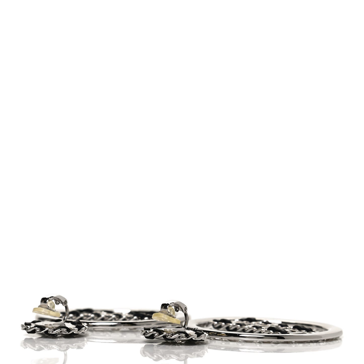 Crystal Lambskin Chain CC Hoop Clip On Earrings Black Silver