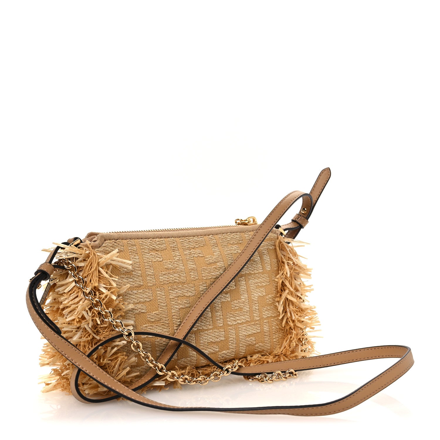 Fendi Raffia Fringe FF Embroidered Baguette Pouch Natural Dark Honey 3 of 10