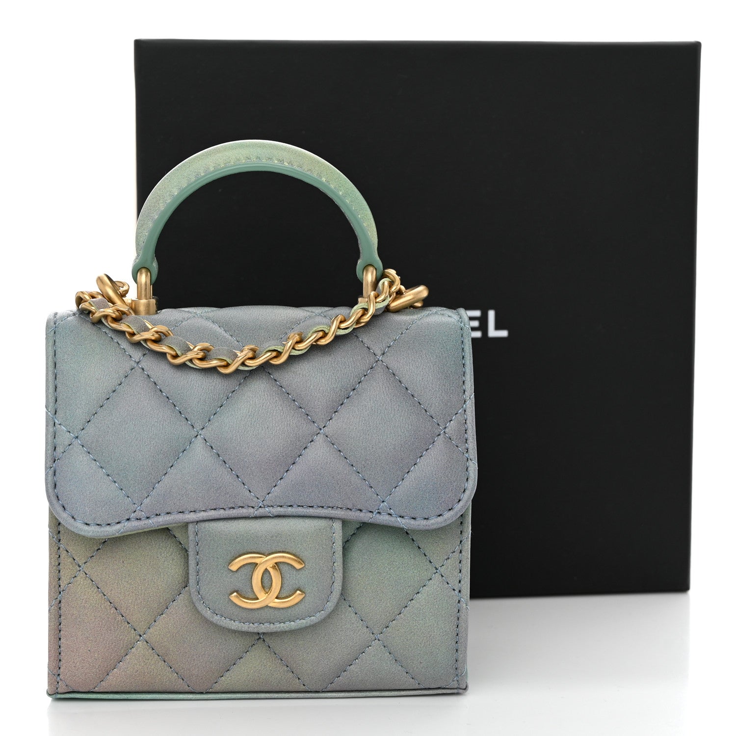 Chanel Lambskin Quilted Ombre Top Handle Flap Clutch With Chain Green Purple 11 of 11
