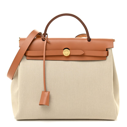 Hermes Military Toile Vache Hunter Herbag Zip Retourne 31 PM Beton Naturel 1 of 12