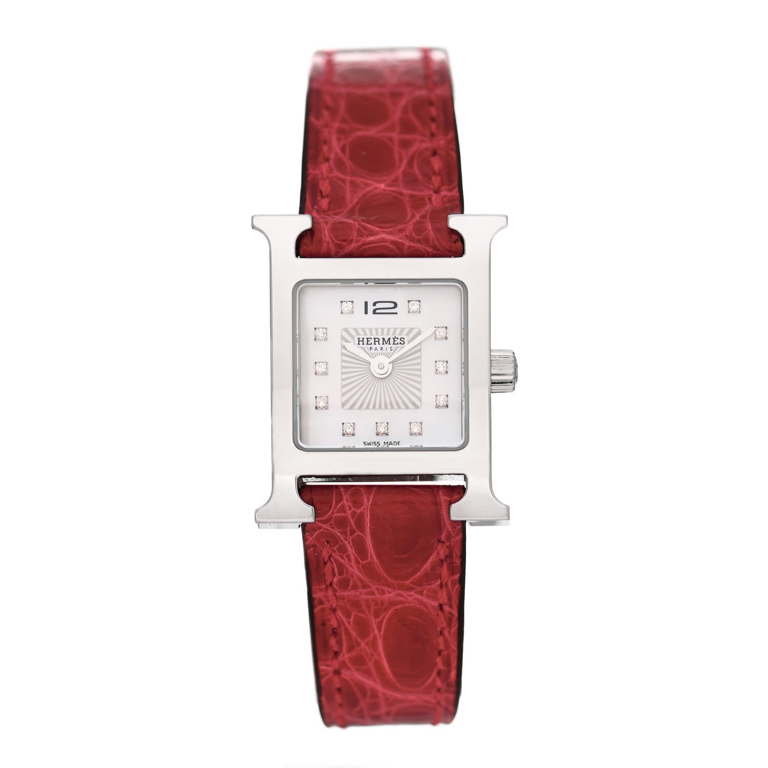 Hermes Stainless Steel Alligator Diamond Mother of Pearl 17.2mm Heure H Hour Quartz Watch Braise 1 of 5