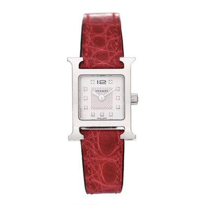 Hermes Stainless Steel Alligator Diamond Mother of Pearl 17.2mm Heure H Hour Quartz Watch Braise 1 of 5