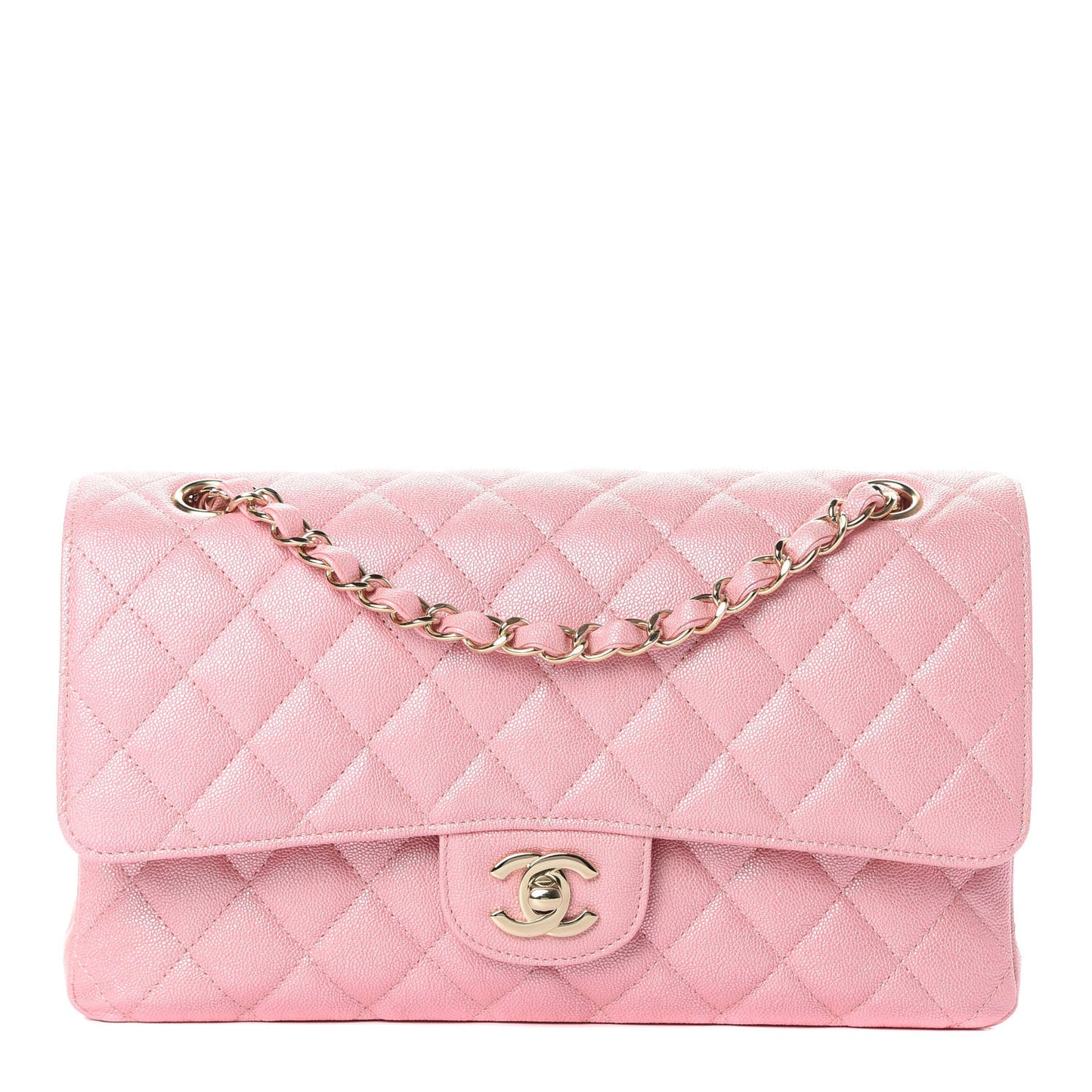 Iridescent Caviar Quilted Medium Double Flap Rose Pink