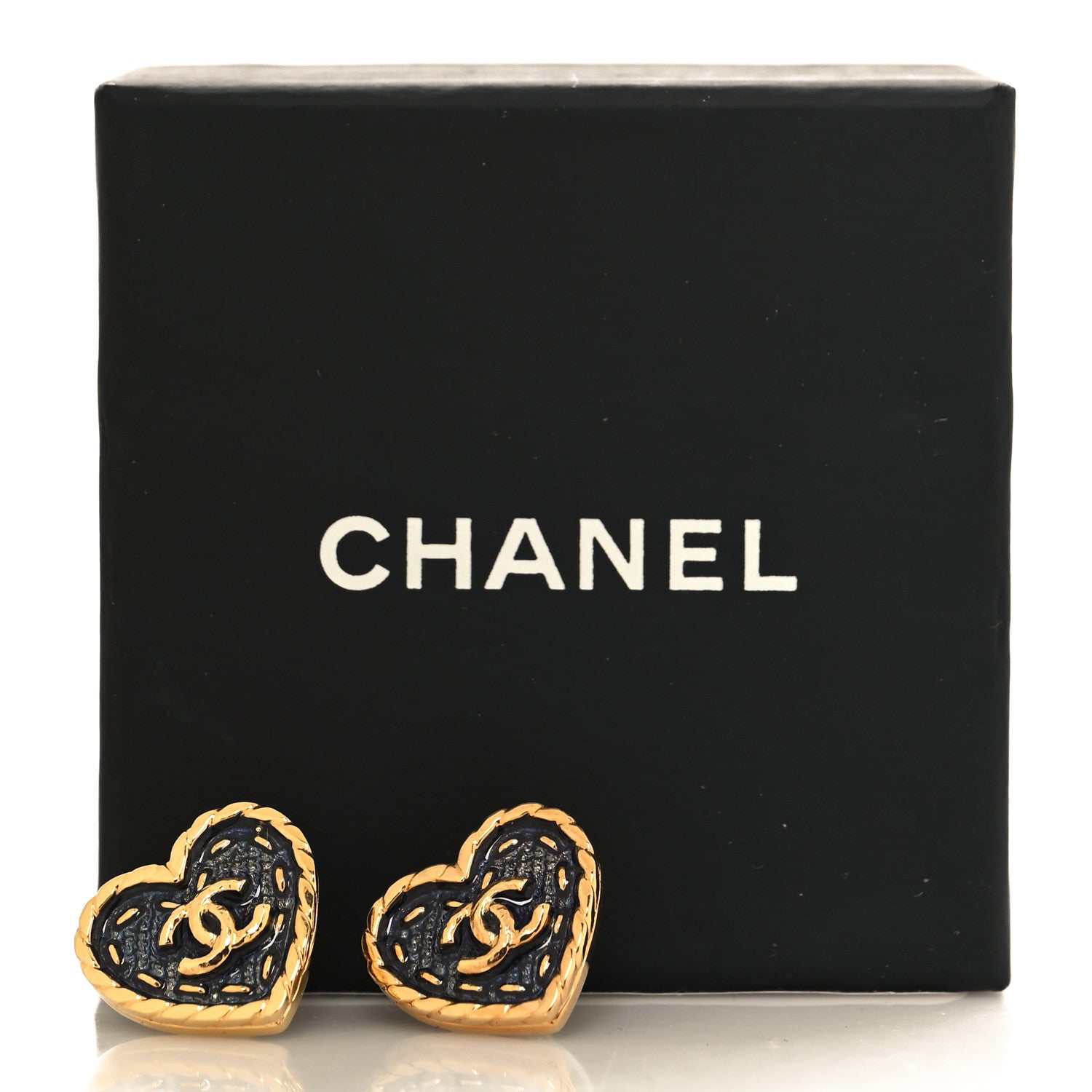 Chanel Metal Enamel CC Denim Heart Earrings Gold Blue 5 of 5