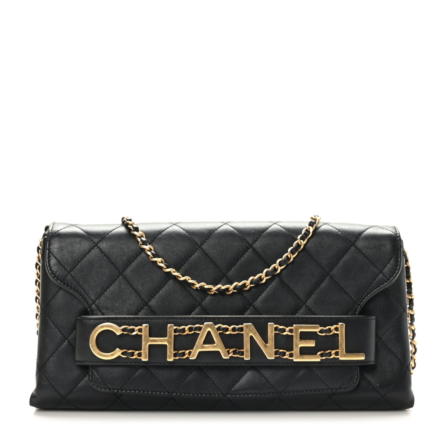 Calfskin Quilted Enchained Clutch Black