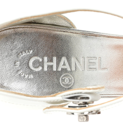 Chanel Laminated Lambskin Patent Cap Toe CC Turn-Lock Pumps 40 Silver White 7 of 13