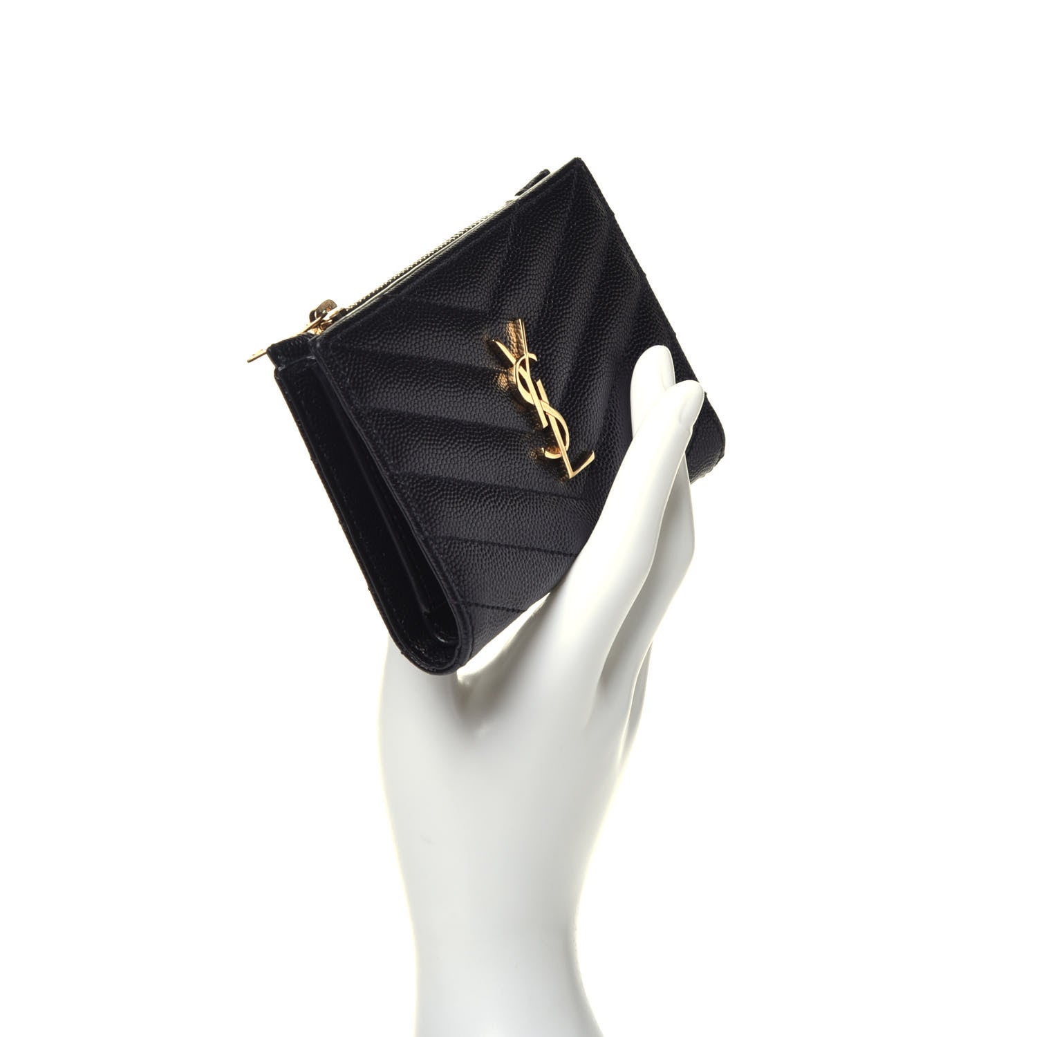 Saint Laurent Grain De Poudre Matelasse Chevron Monogram Zipped Two-Part Wallet Black 2 of 7