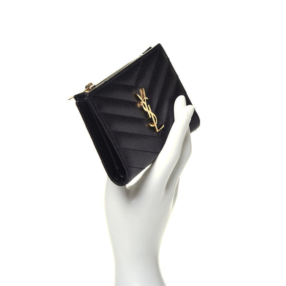 Saint Laurent Grain De Poudre Matelasse Chevron Monogram Zipped Two-Part Wallet Black 2 of 7