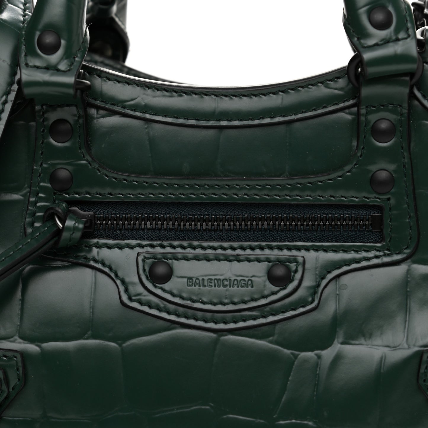 Semi Shiny Calfskin Crocodile Embossed Neo Classic Black Hardware Mini City Forest Green