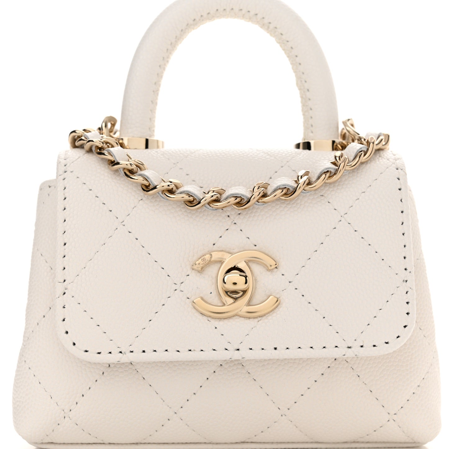 Caviar Quilted Nano Coco Handle Clutch With Chain White