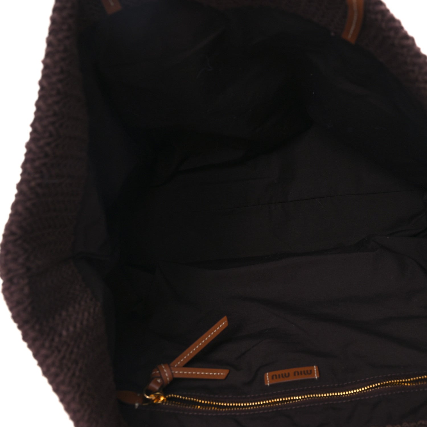 Miu Miu Raffia Effect Crochet Large Woven Tote Cocoa Brown Celeste