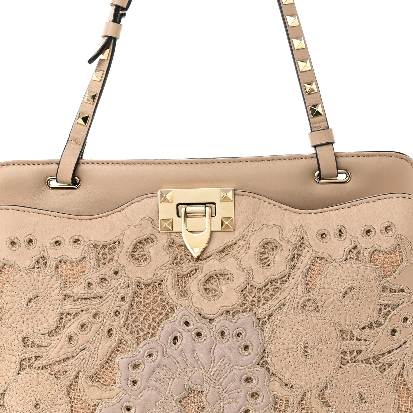 Vitello Rockstud Flip-Lock Lace Shoulder Bag Beige