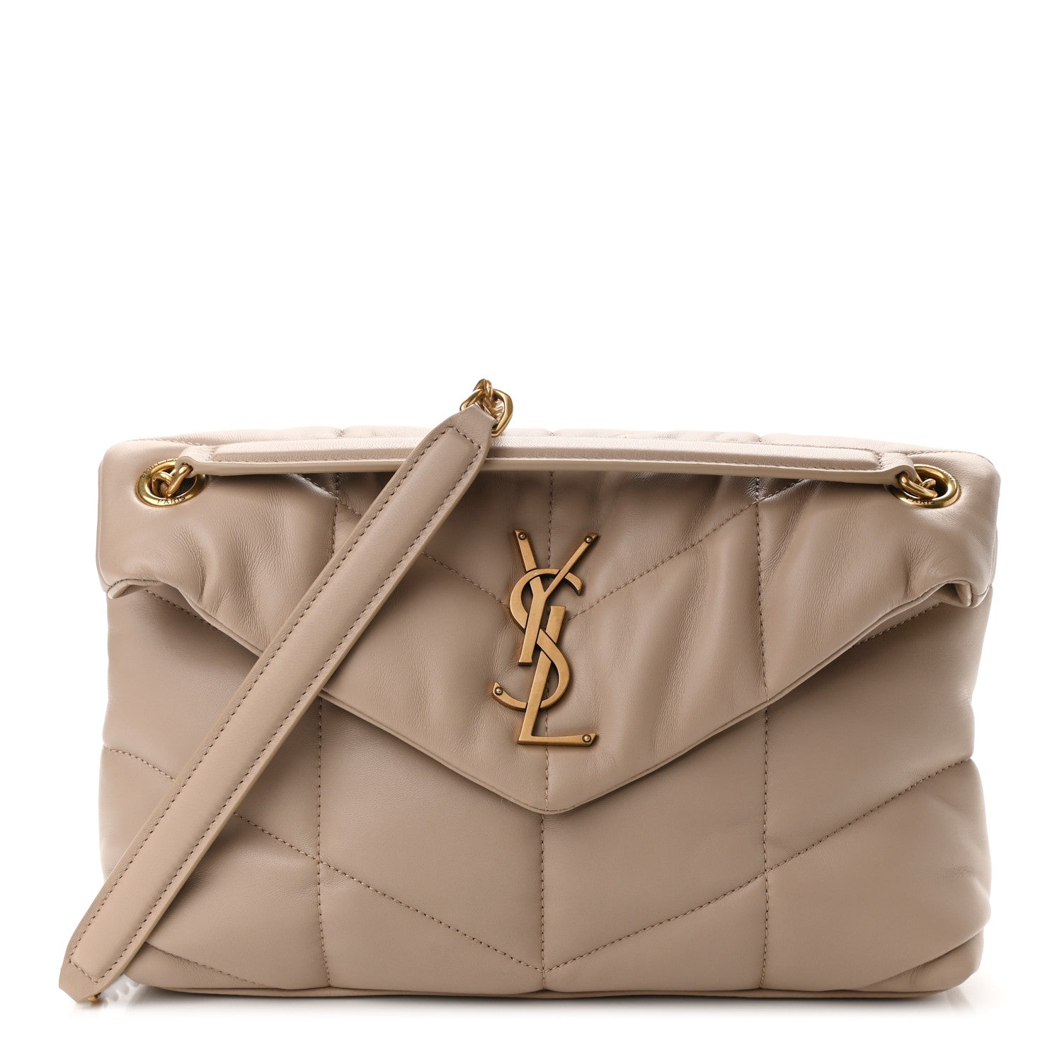 Saint Laurent Lambskin Quilted Small Loulou Puffer Monogram Chain Satchel Dark Beige 1 of 11