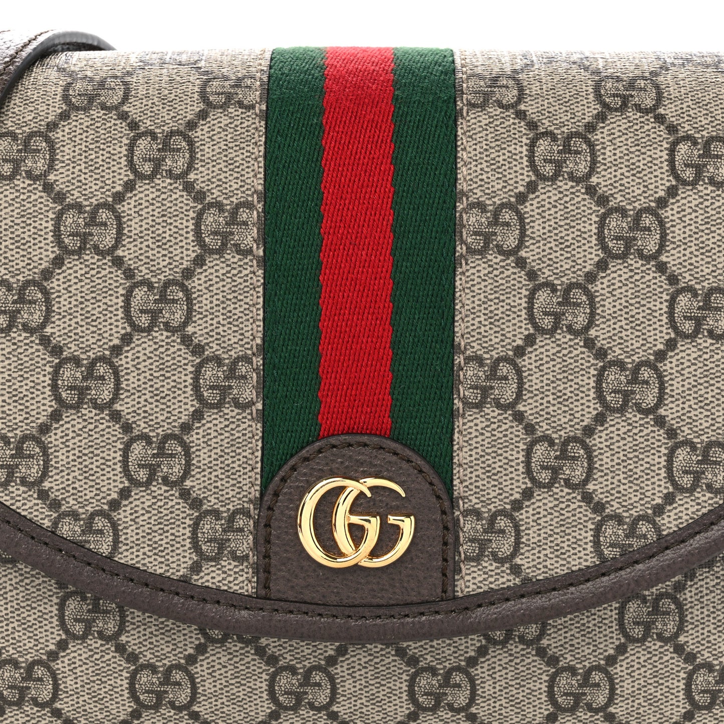 GG Supreme Monogram Textured Dollar Calfskin Web Studded Mini Ophidia Flap Shoulder Bag Beige Ebony New Acero