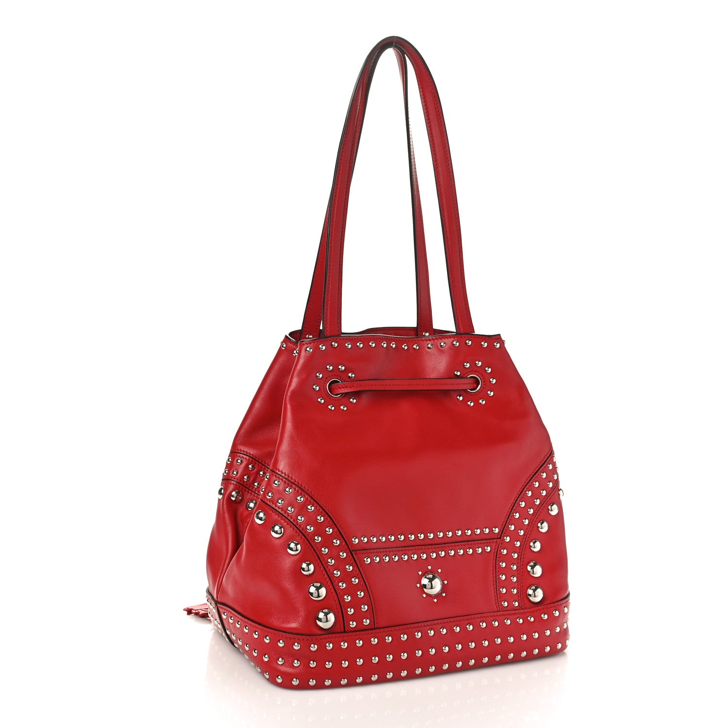 Prada Soft Calf Studded Bucket Bag Rosso 3 of 10