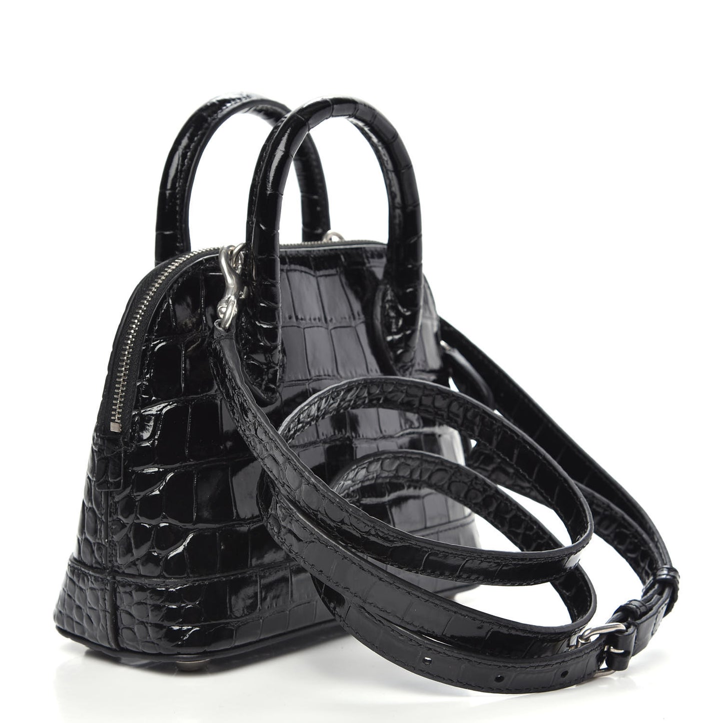 Shiny Calfskin Logo Crocodile Embossed XXS Ville Top Handle Bag Black White