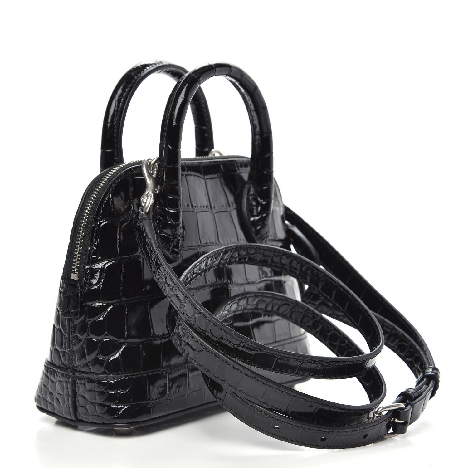 Balenciaga Shiny Calfskin Logo Crocodile Embossed XXS Ville Top Handle Bag Black White 3 of 10
