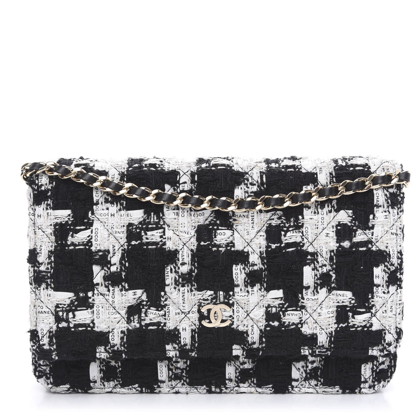 Tweed Quilted Wallet On Chain WOC Black Ecru White