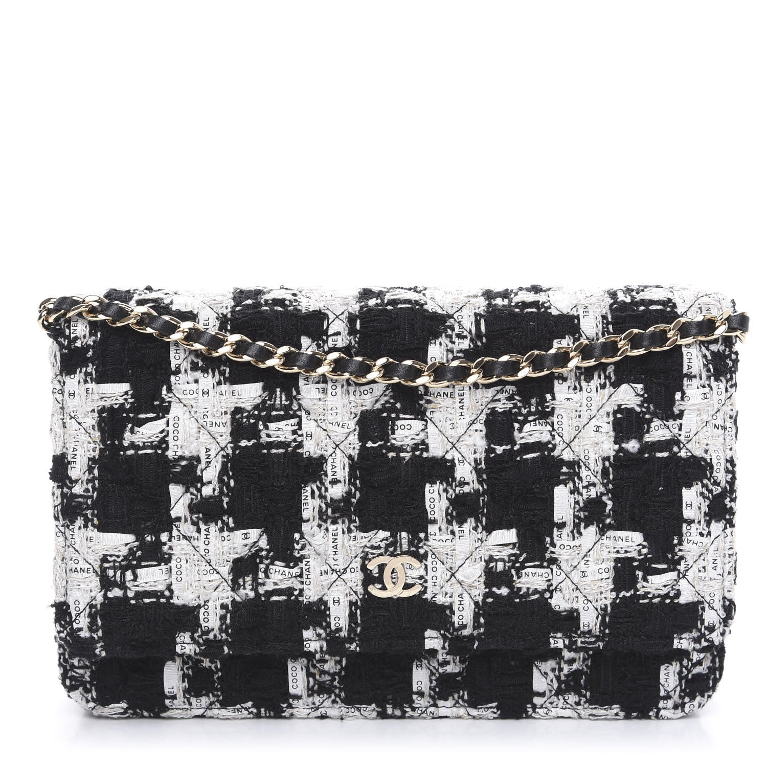 Chanel Tweed Quilted Wallet On Chain WOC Black Ecru White 1 of 10