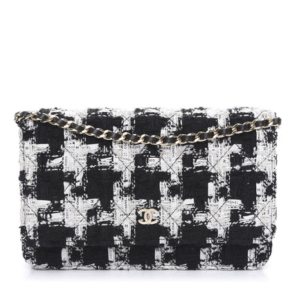 Chanel Tweed Quilted Wallet On Chain WOC Black Ecru White 1 of 10