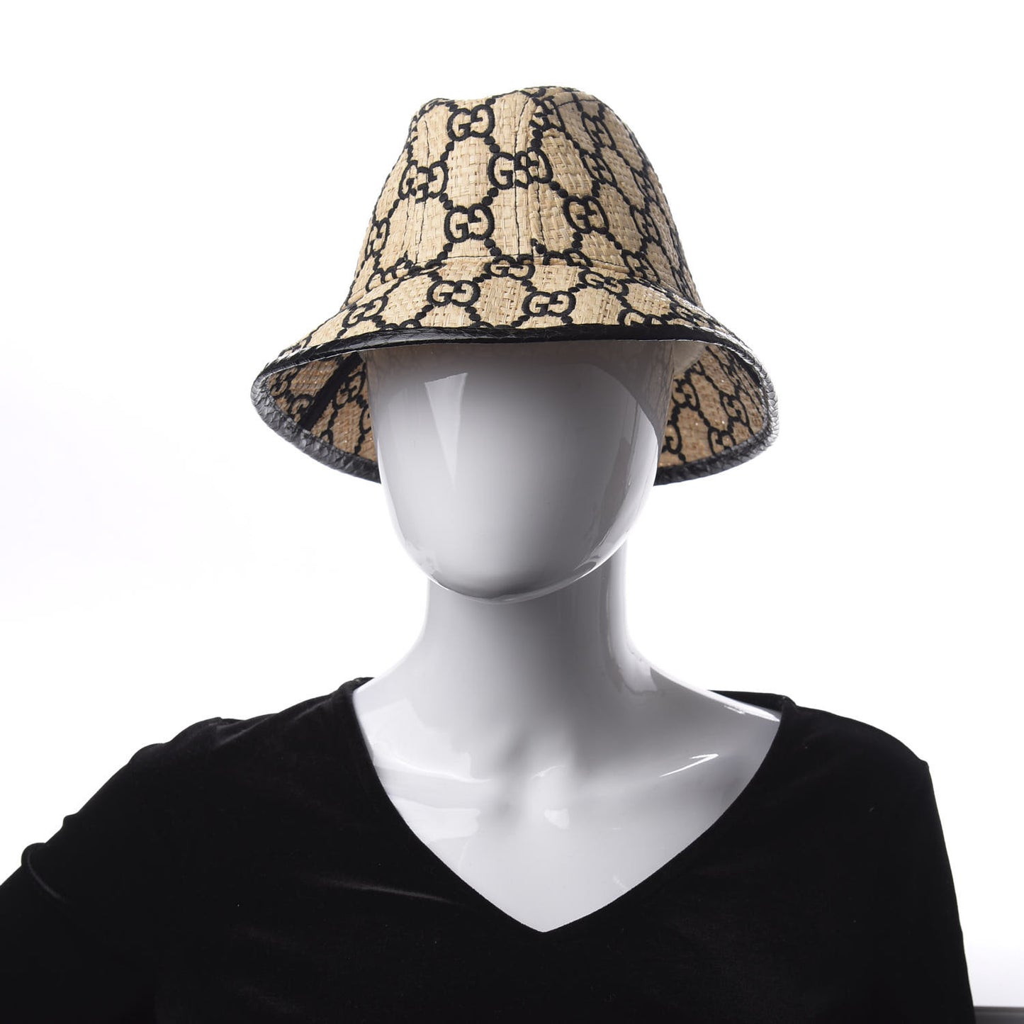 Raffia Elaphe GG Monogram Embroidered Fedora Hat L Ivory Black