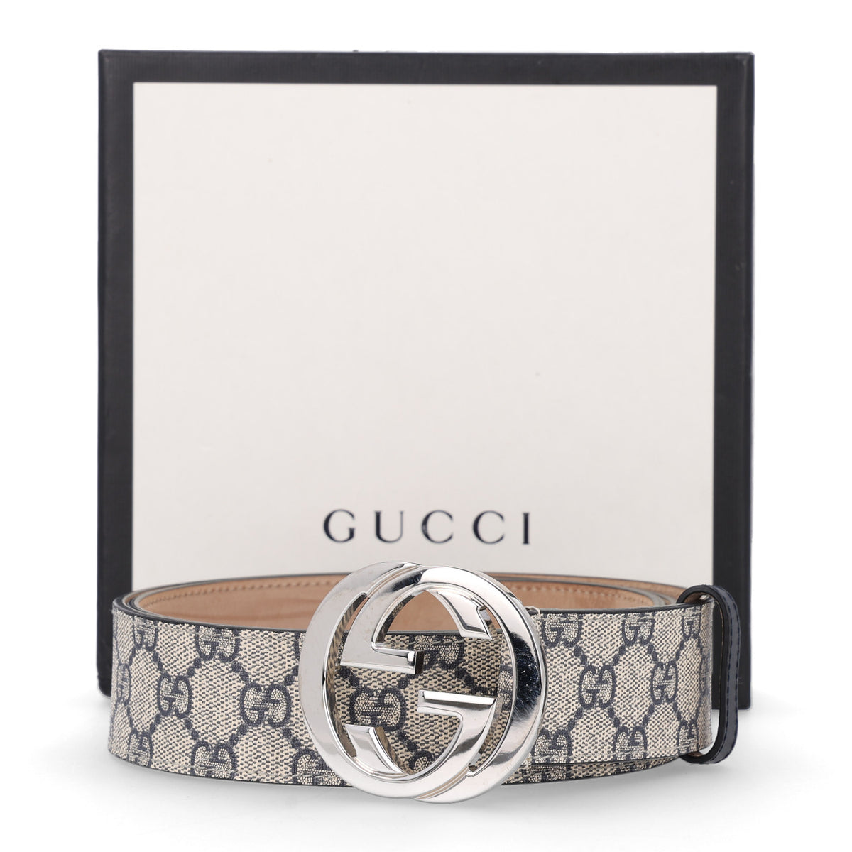 Gucci GG Supreme Monogram Selleria Calfskin Interlocking G 40mm Belt 105 42 Beige Ebony Blue 6 of 6