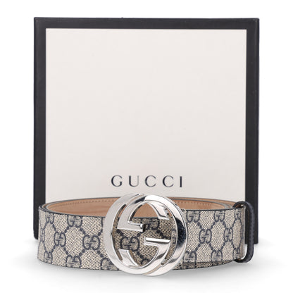 Gucci GG Supreme Monogram Selleria Calfskin Interlocking G 40mm Belt 105 42 Beige Ebony Blue 6 of 6
